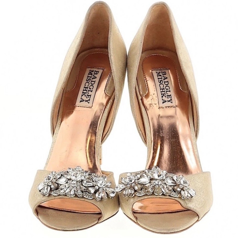 Badgley Mischka Gold Embellished Peep Toe Heels